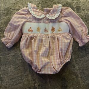 Stitchy Fish Pink Gingham Smocked Baby Romper